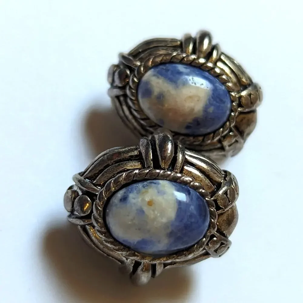 Vintage Silver Tone Brutalist Sodalite Cabochon Textured Clip On Earrings